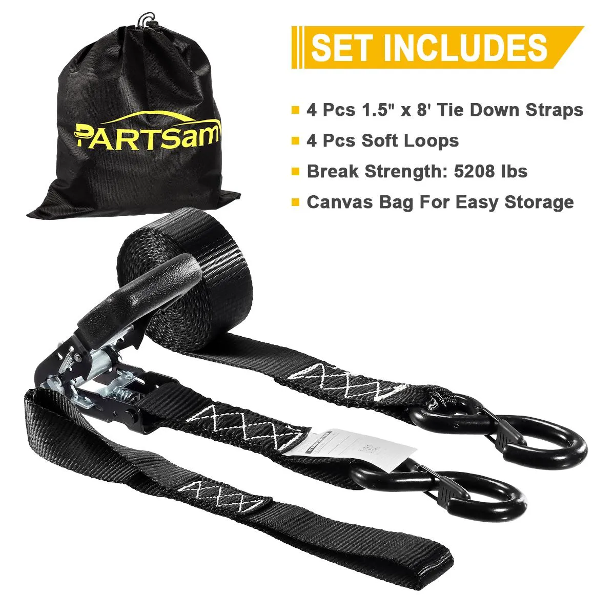 Partsam Ratchet Straps Heavy Duty Tie Down Set, 5208 Break Strength - (4) Heavy Duty 1.6inch x 8' Cargo Tiedowns w/Padded Handles & Coated Chromoly S Hooks   (4) Soft Loop Tie Downs Strap (Black)