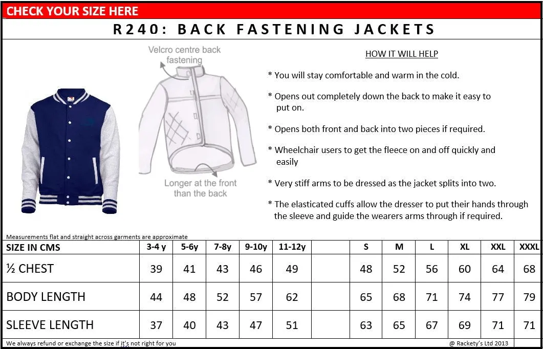 R240 Back Fastening Varsity Jacket - Adult