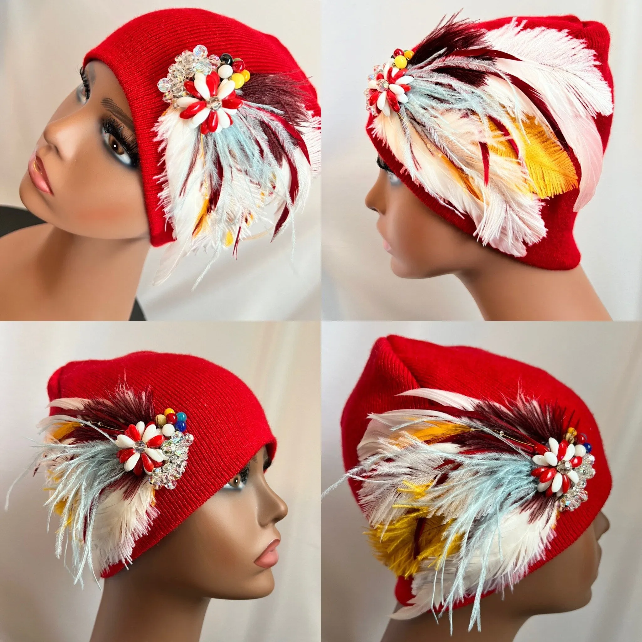 RED Embellished Feathered & Jeweled Knit Hat