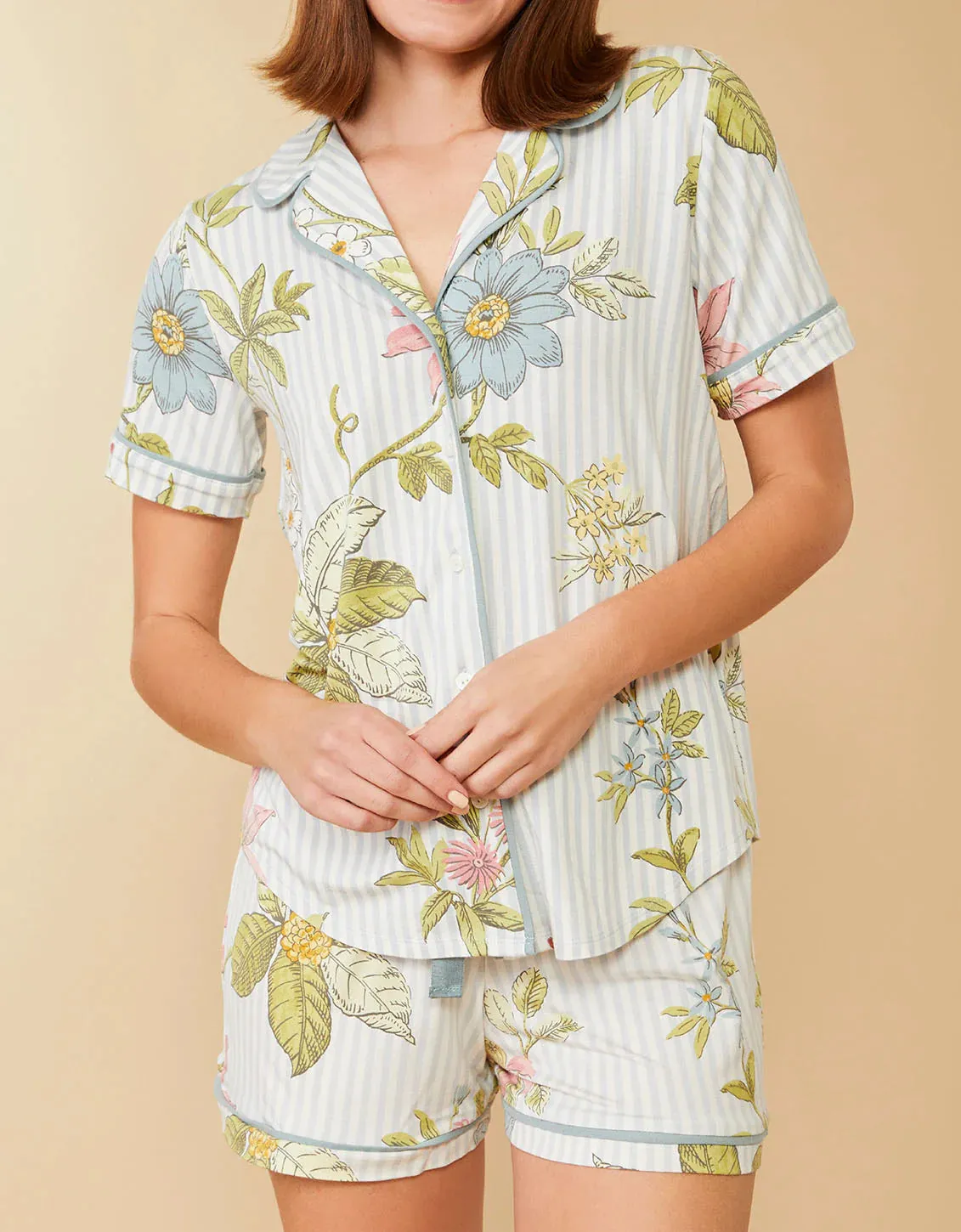 Short Sleeve Pajama Top Floral Vine Stripe Blue