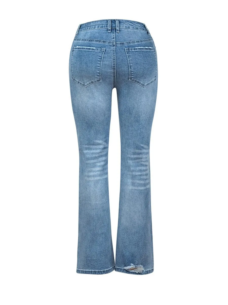 Stretch Washed Ripped Wide-leg Jeans