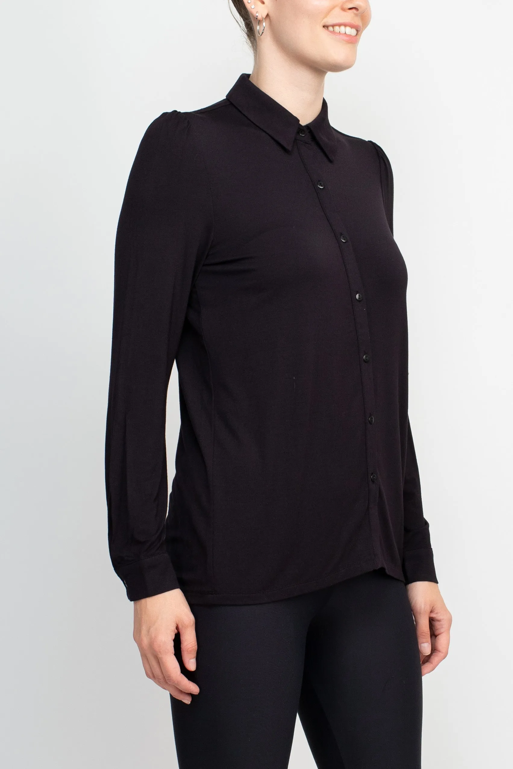 T Tahari Collar Neck Cuff Long Sleeves Button Detail ITY Top