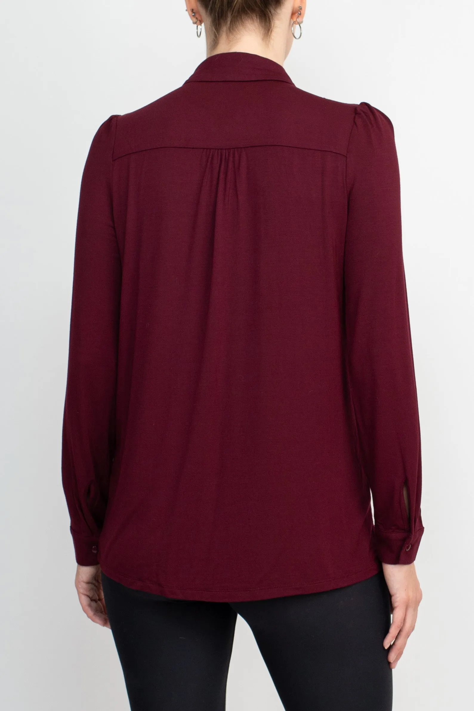 T Tahari Collar Neck Cuff Long Sleeves Button Detail ITY Top