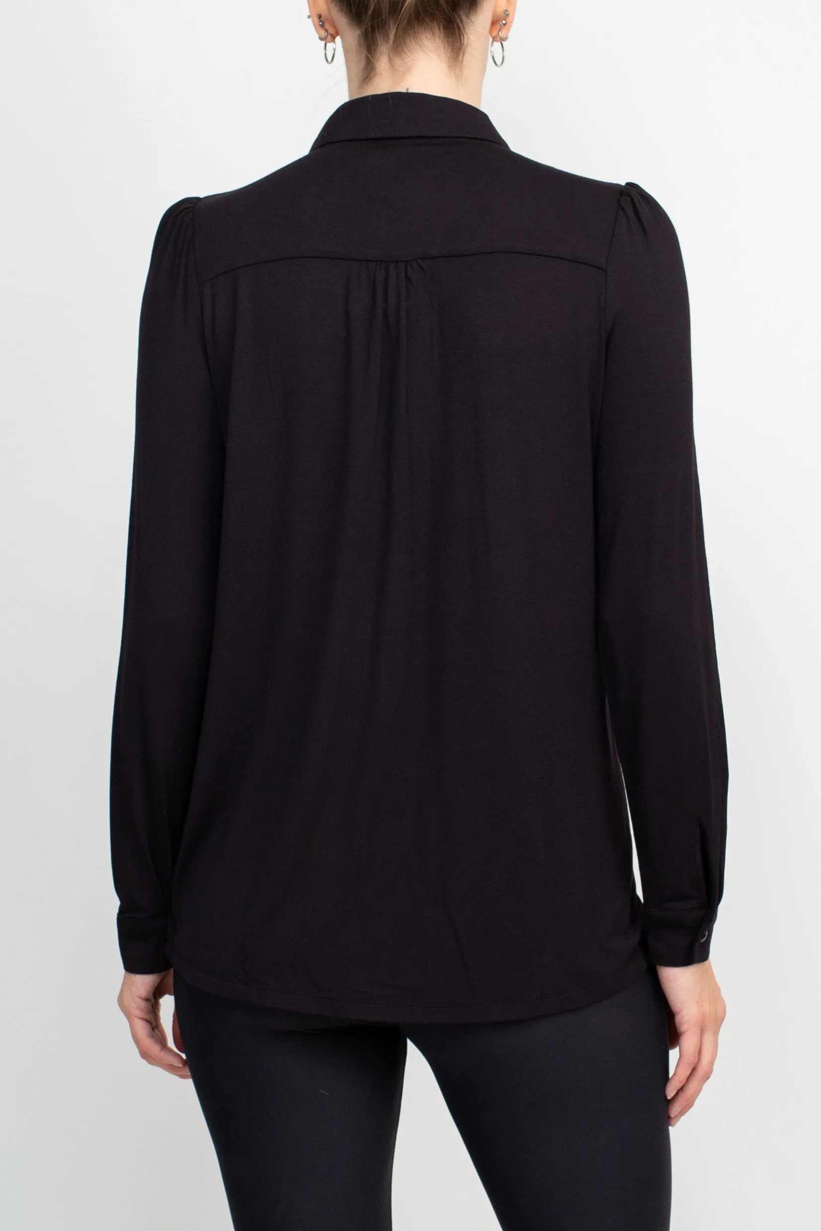 T Tahari Collar Neck Cuff Long Sleeves Button Detail ITY Top