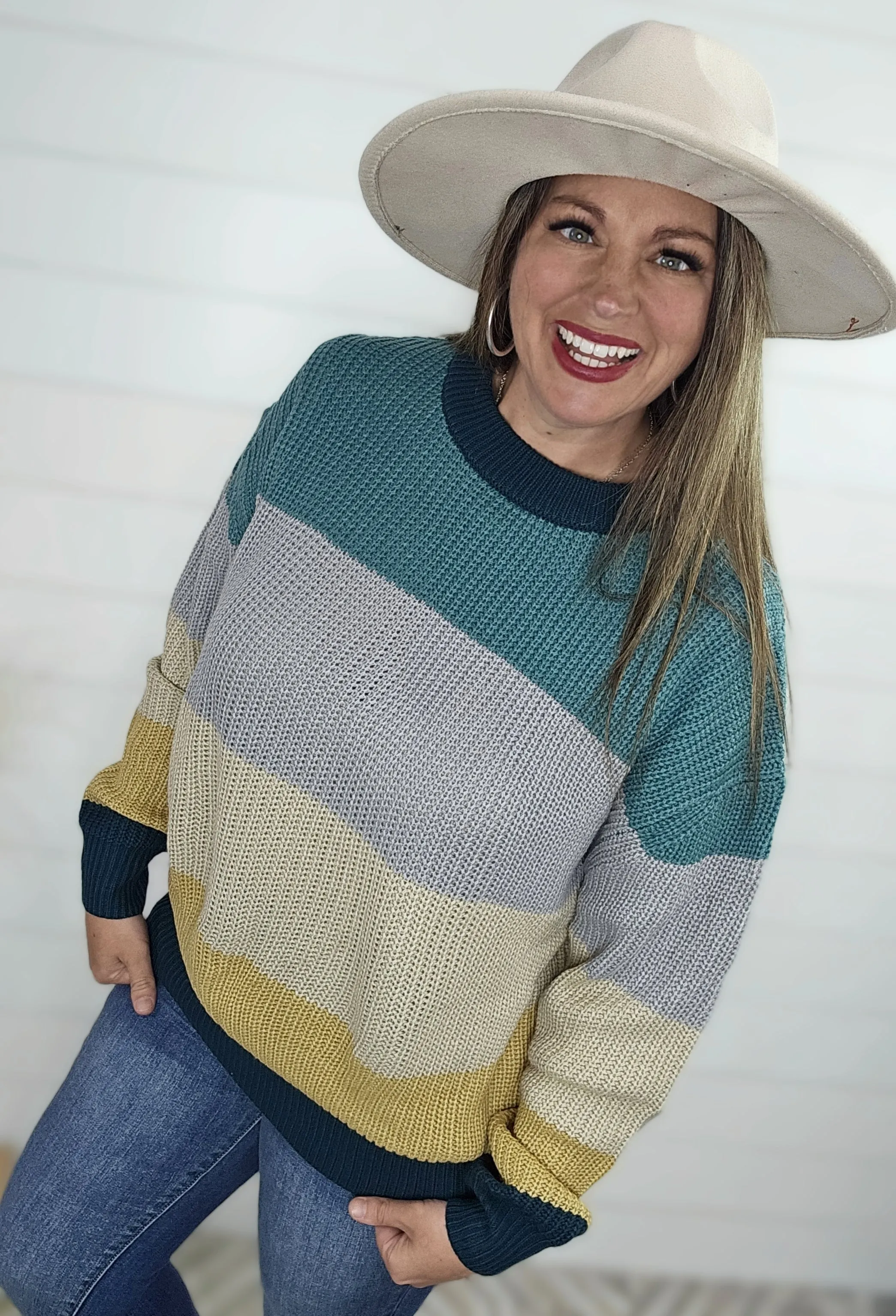 TEAL/GREY/MUSTARD COLORBLOCK CREW NECK SWEATER