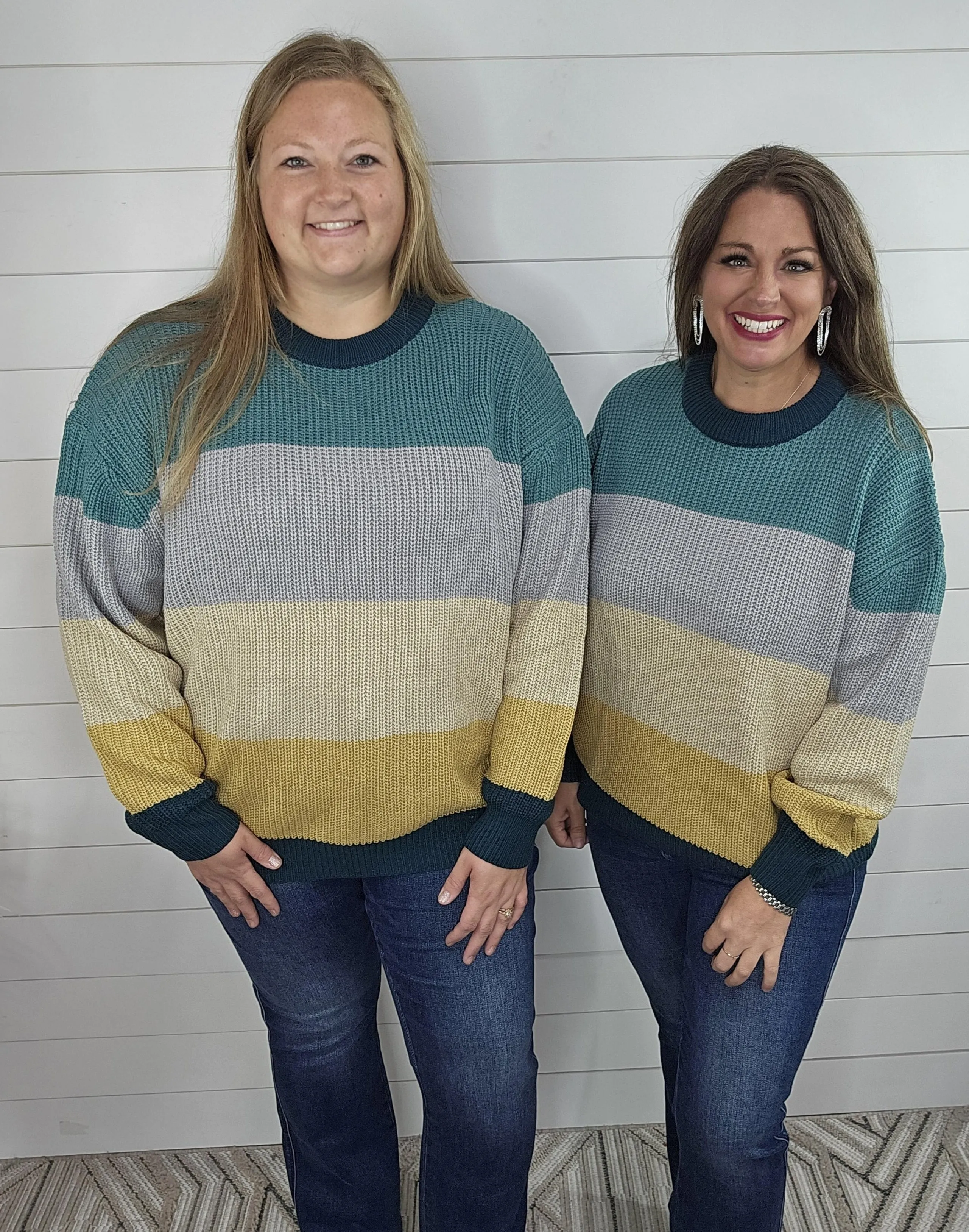 TEAL/GREY/MUSTARD COLORBLOCK CREW NECK SWEATER