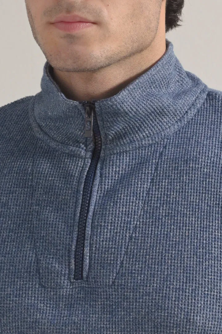 Textured Half Zipper Sweatshirt - Ocean Blue