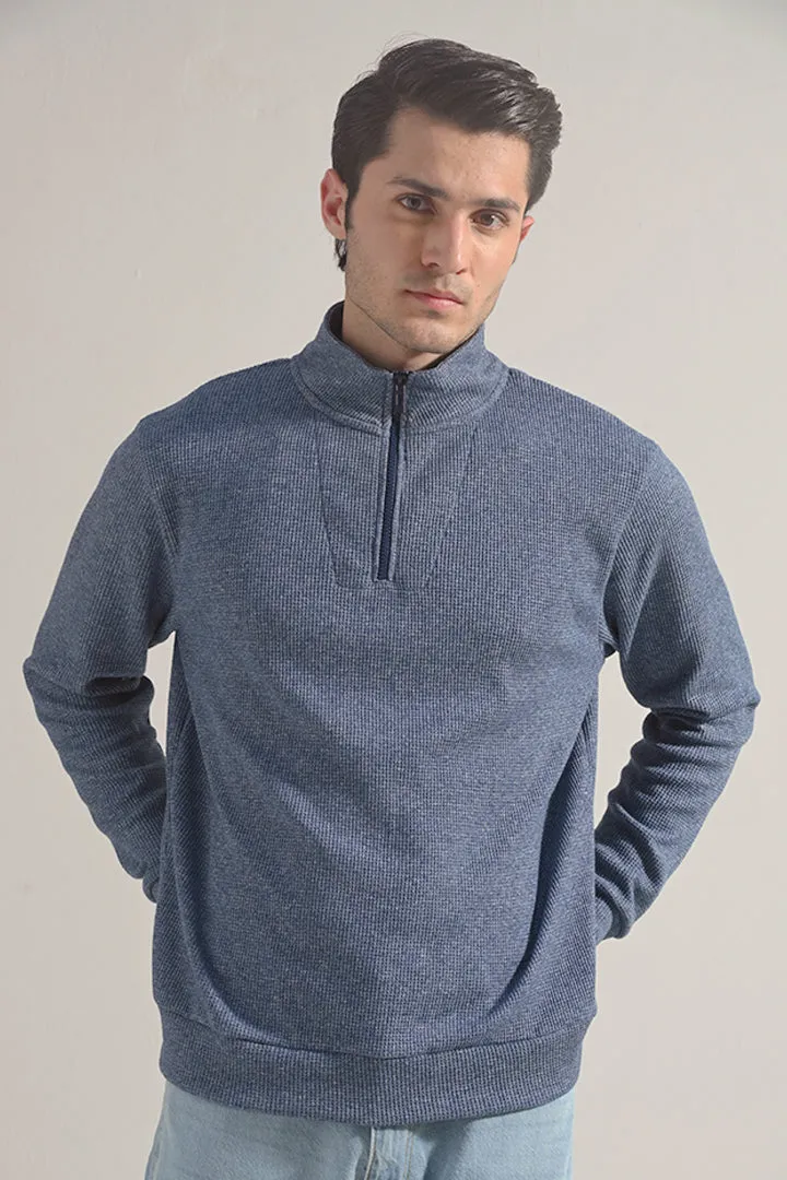 Textured Half Zipper Sweatshirt - Ocean Blue