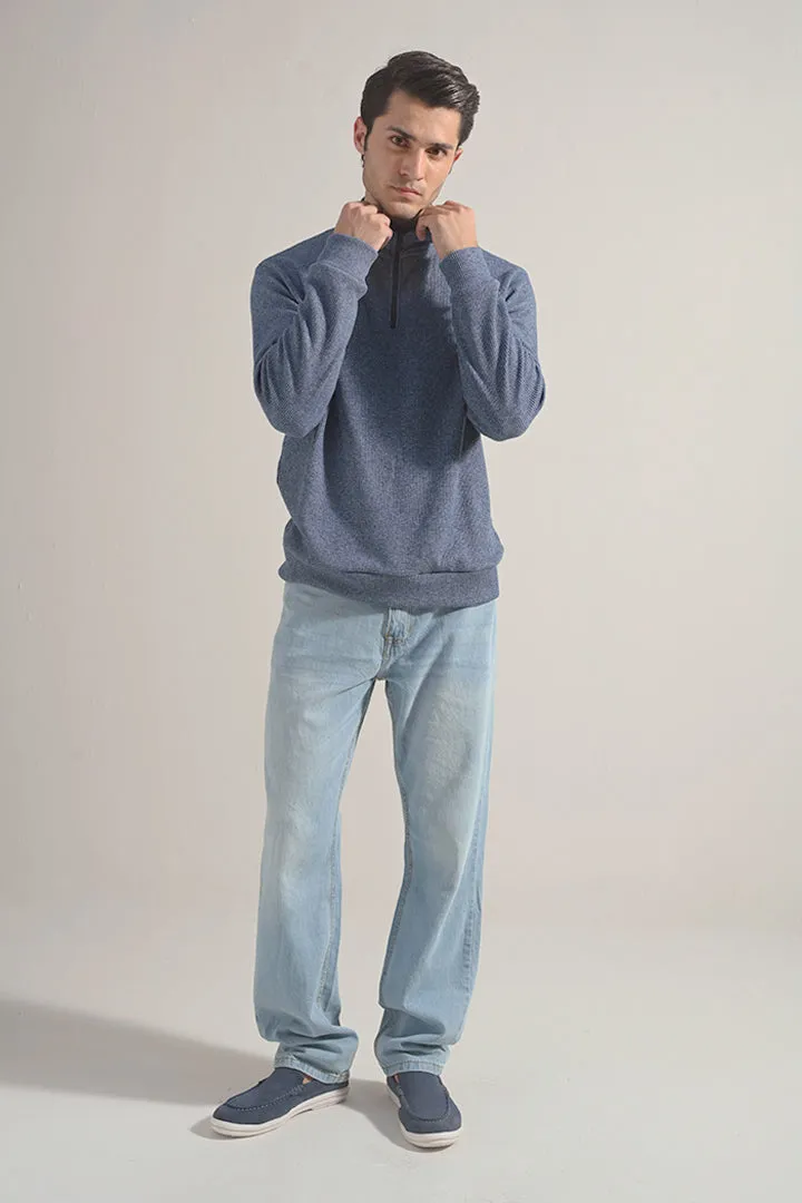 Textured Half Zipper Sweatshirt - Ocean Blue