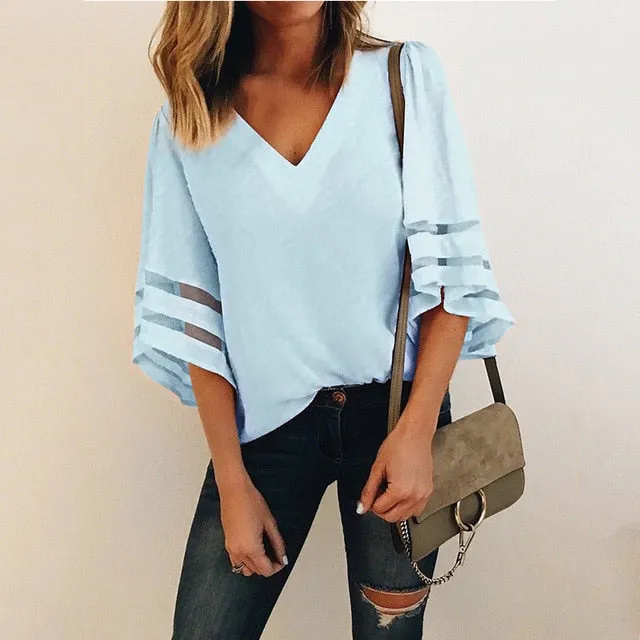 VenusFox V-Neck Chiffon Blouse Long Sleeve Loose Cozy Summer Elegant Tops