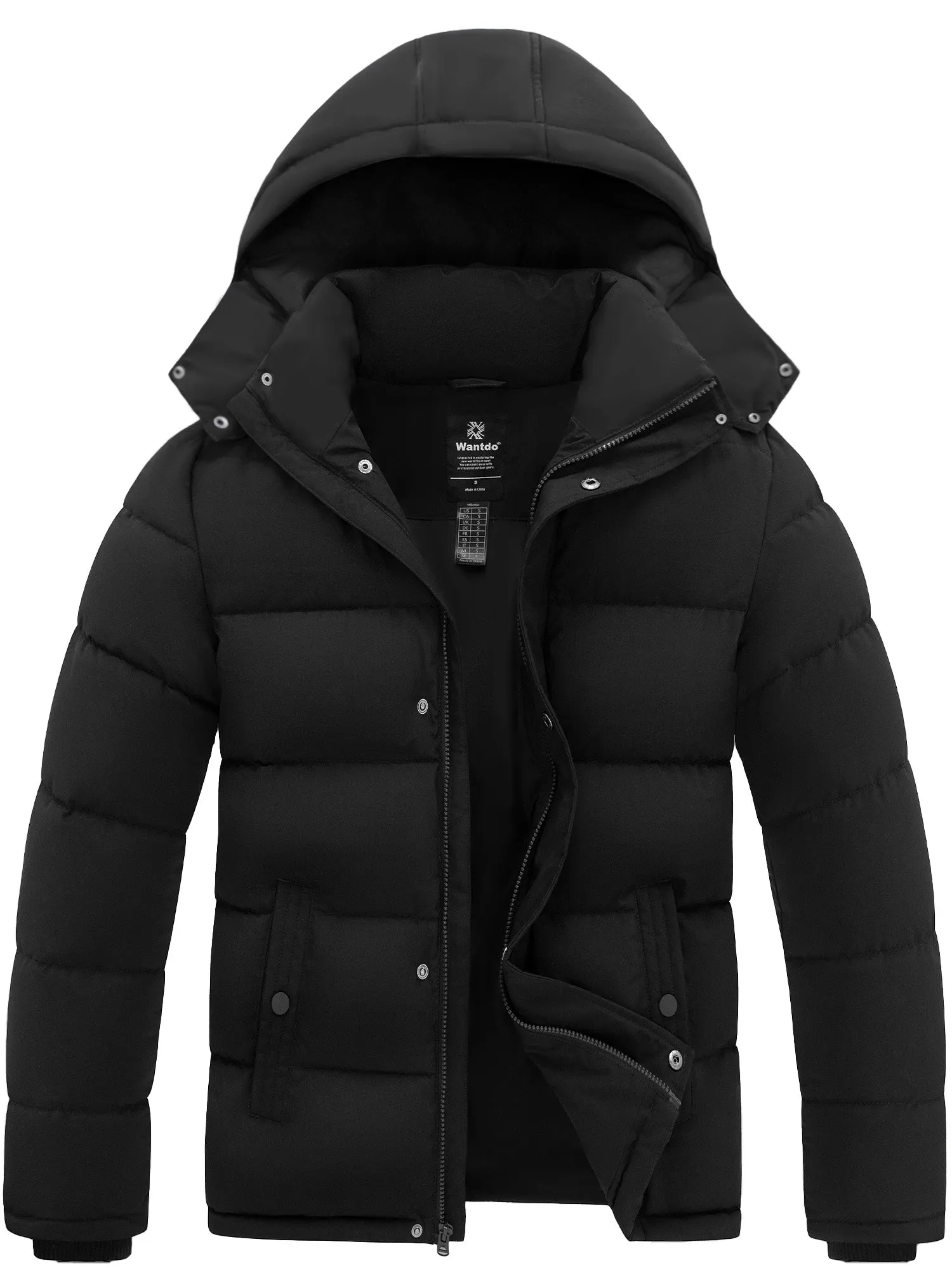 Wantdo Men's Winter Coat Windproof Puffer Jacket Padded Winter Coat with Detachable Hood