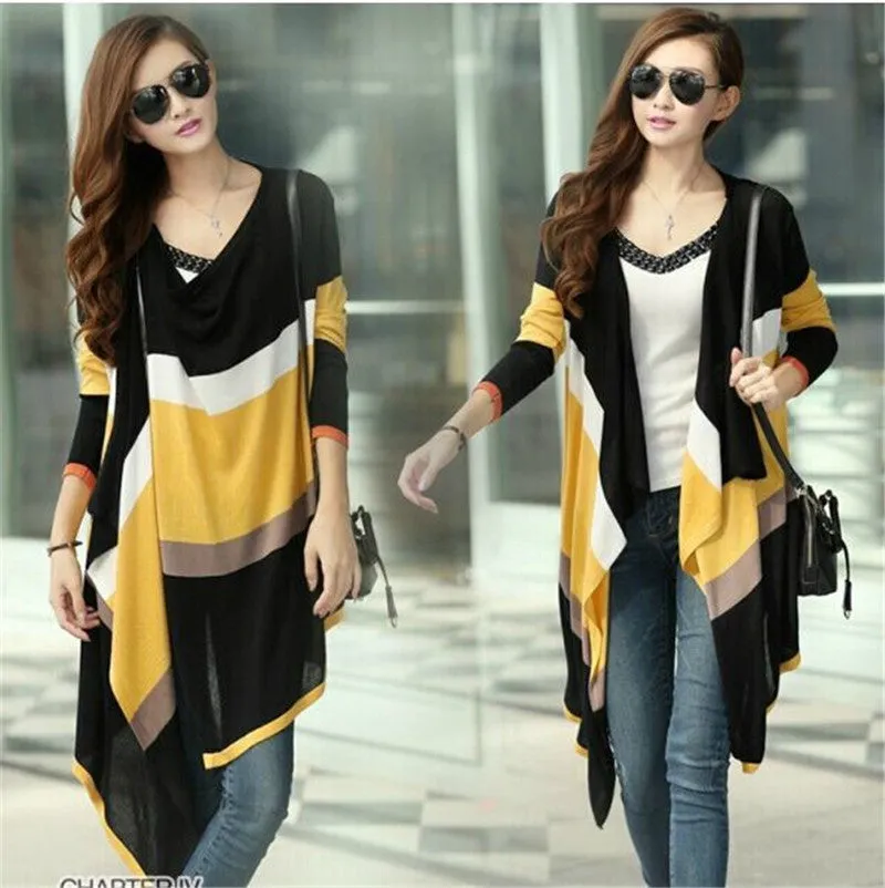 Women Korean Rainbow Colorful Stripes Irregular Knitted Cardigans Casual Autumn Batwing Shawl Outerwear Sweater