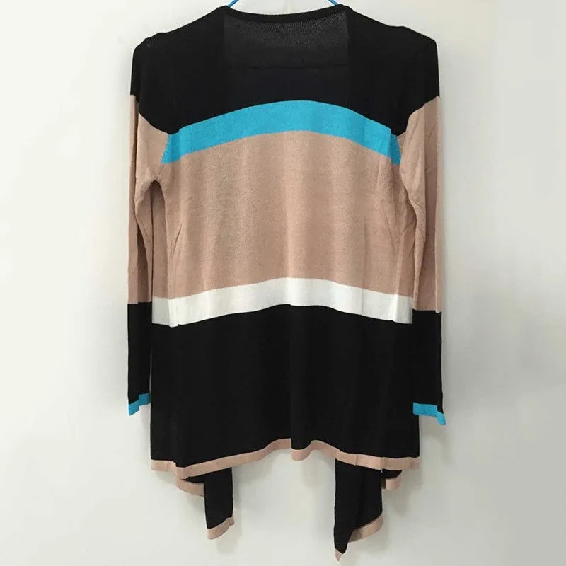 Women Korean Rainbow Colorful Stripes Irregular Knitted Cardigans Casual Autumn Batwing Shawl Outerwear Sweater