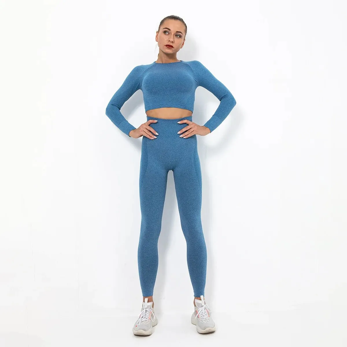 Women Seamless Long Sleeve Top And Leggings Set Yoga Workout Suit