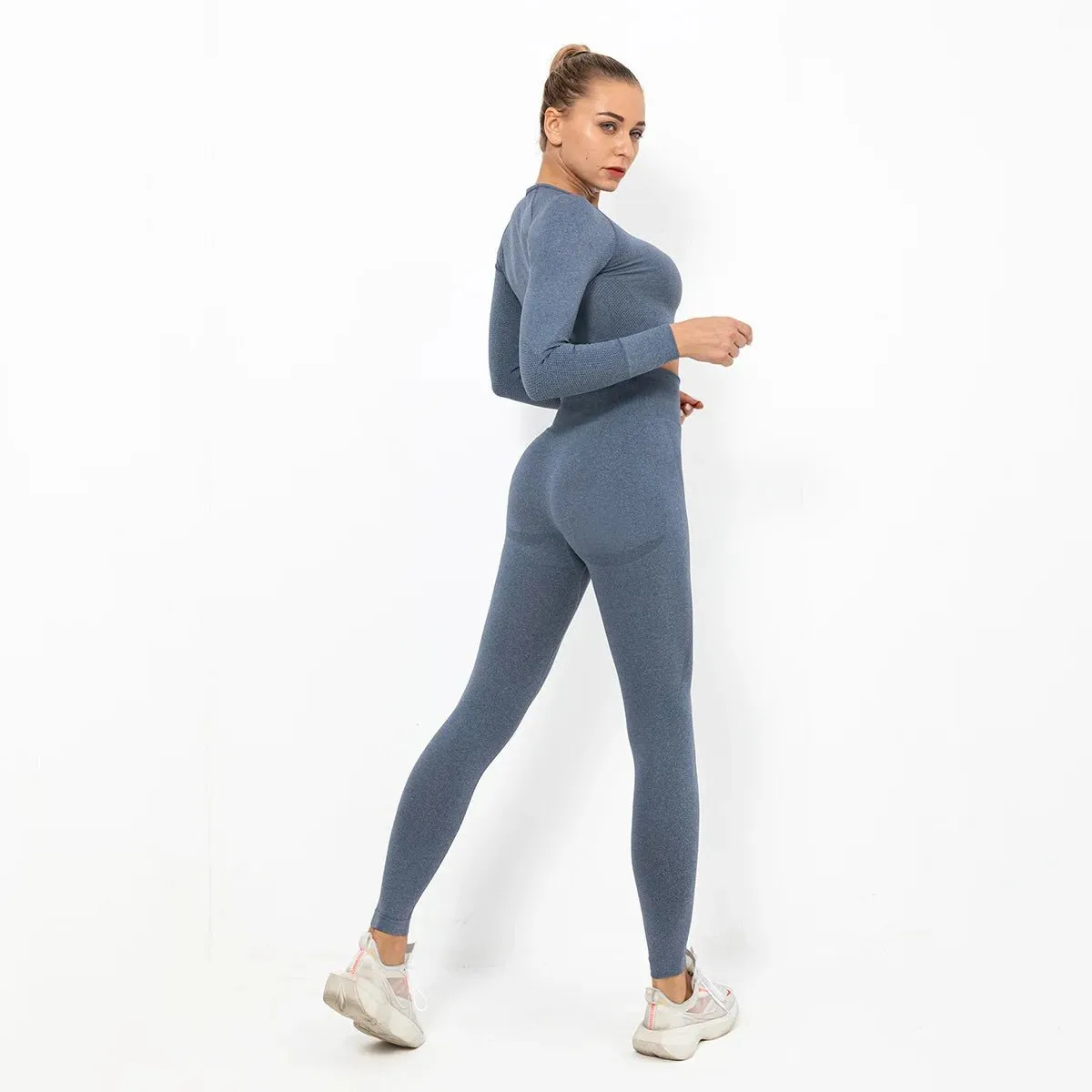 Women Seamless Long Sleeve Top And Leggings Set Yoga Workout Suit