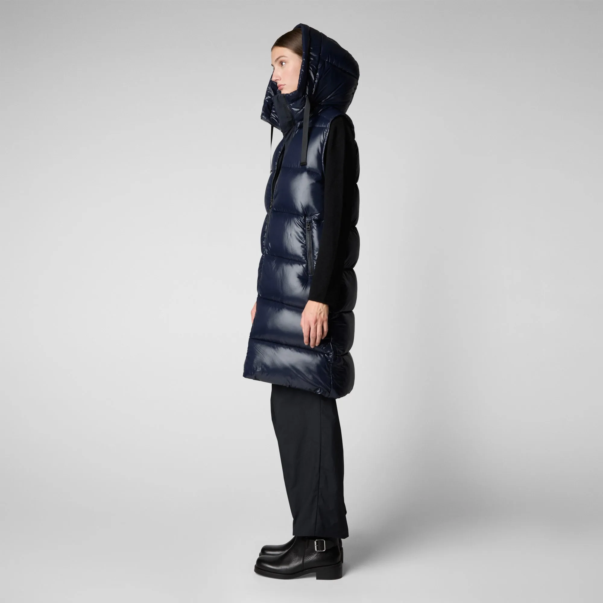 Women's Hooded Animal free Puffer Vest Iria in blue black