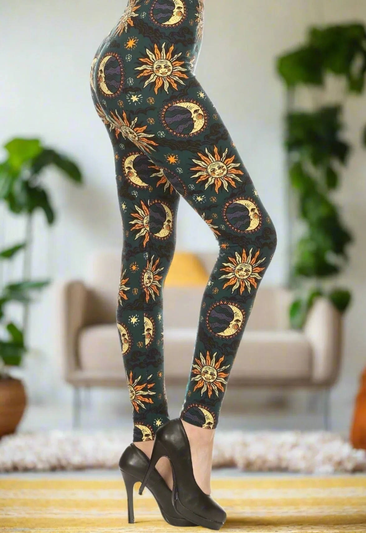 Womens Sun Moon Star Leggings, Soft Yoga Pants, Sizes 18-22, No-Roll Waist, Blue/Yellow